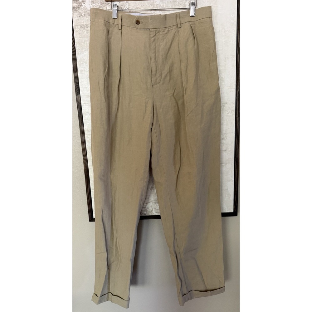Daniel Cremieux Soiree Pants Mens 36x32 100% Linen Khaki Pleated Cuffed Beach